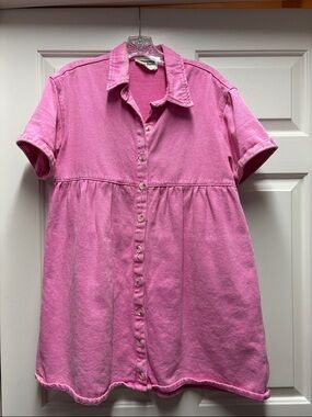 Savanna Jane Pink Button-Front Short Sleeve denim babydoll ruffle mini dress S